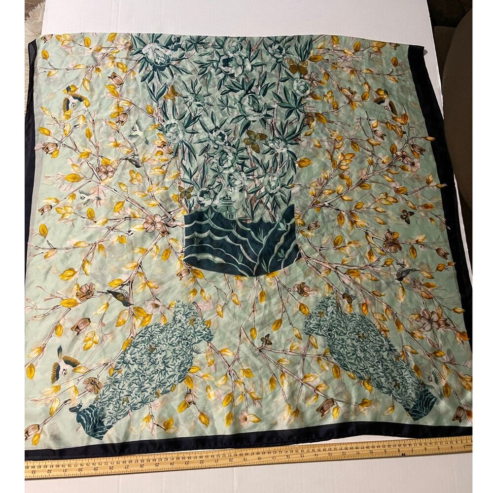 Women's Light Green Scarf 68 X 36 Bird's Flowers and Planted Tree Rolled Hem